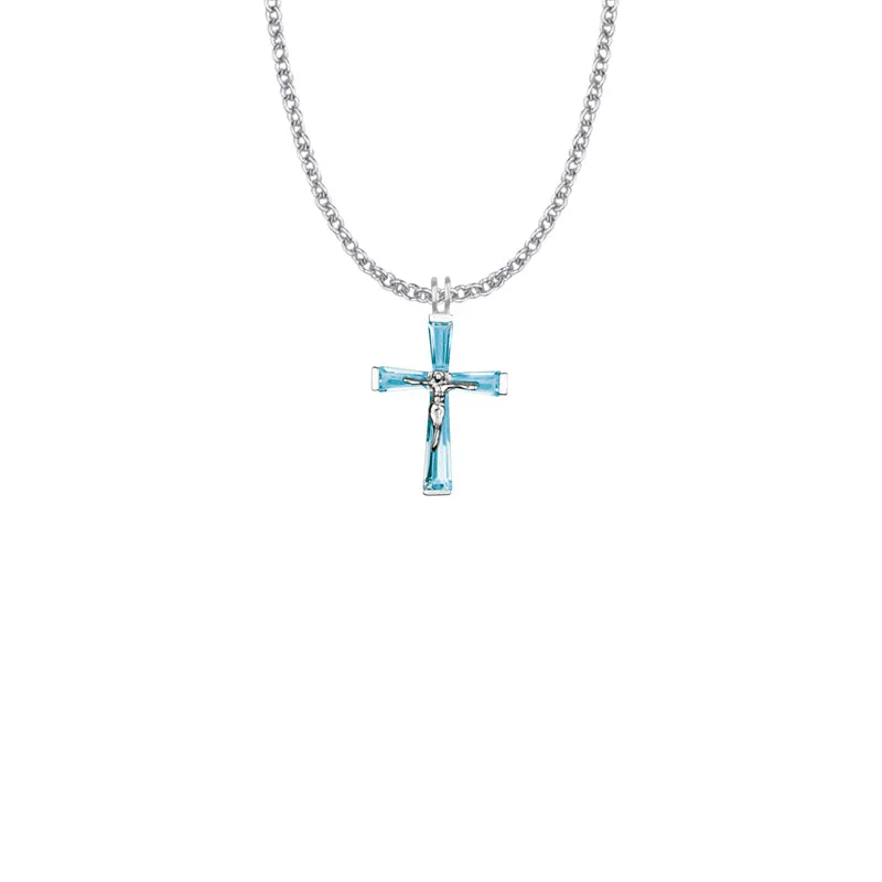 1 Inch Sterling Silver and Glass Crystal December Birthstone Baguette Crucifix Necklace