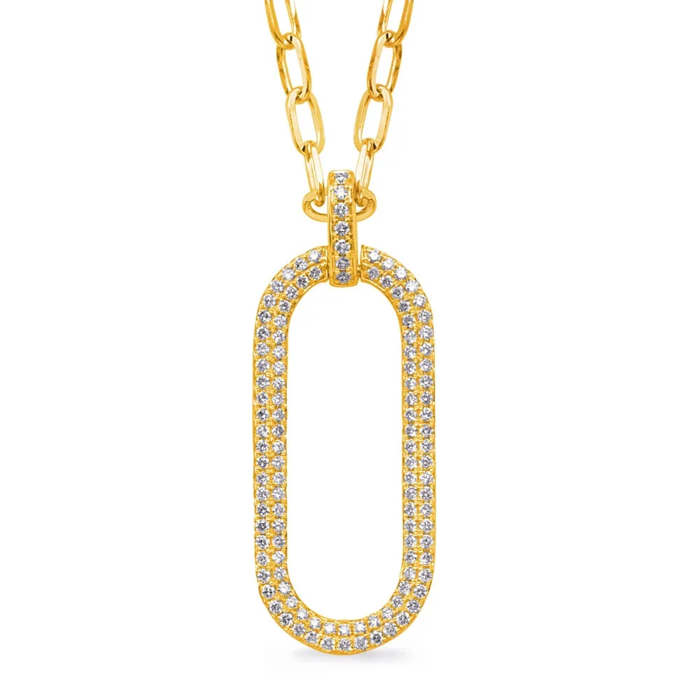 14K Yellow Gold Open Oval Diamond Pendant on Paperclip Chain Necklace