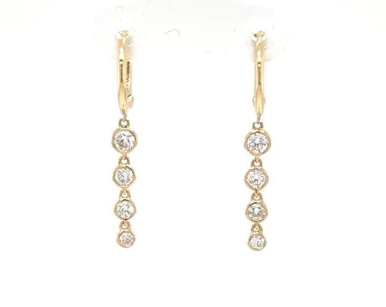 18K Yellow Gold Bezel Set Diamond Drop Hoop Earrings.