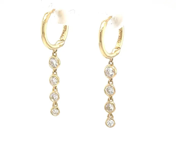 18K Yellow Gold Bezel Set Diamond Drop Hoop Earrings.