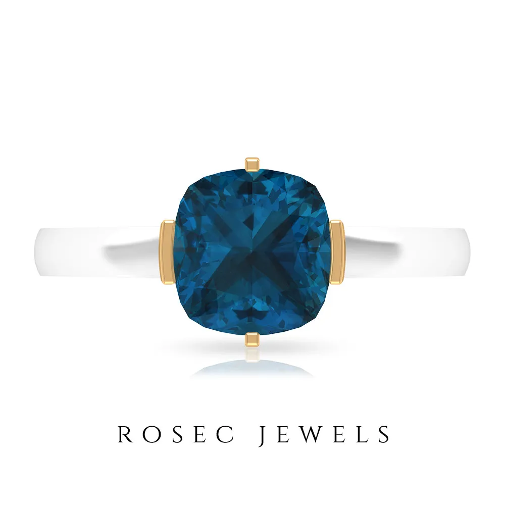 2 CT Cushion Cut London Blue Topaz Two Tone Ring