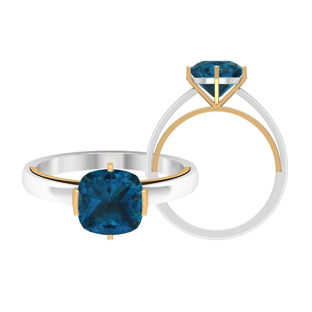 2 CT Cushion Cut London Blue Topaz Two Tone Ring