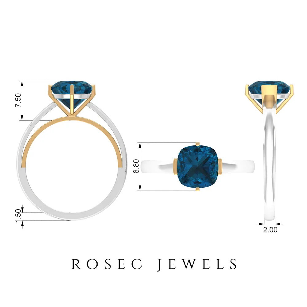 2 CT Cushion Cut London Blue Topaz Two Tone Ring