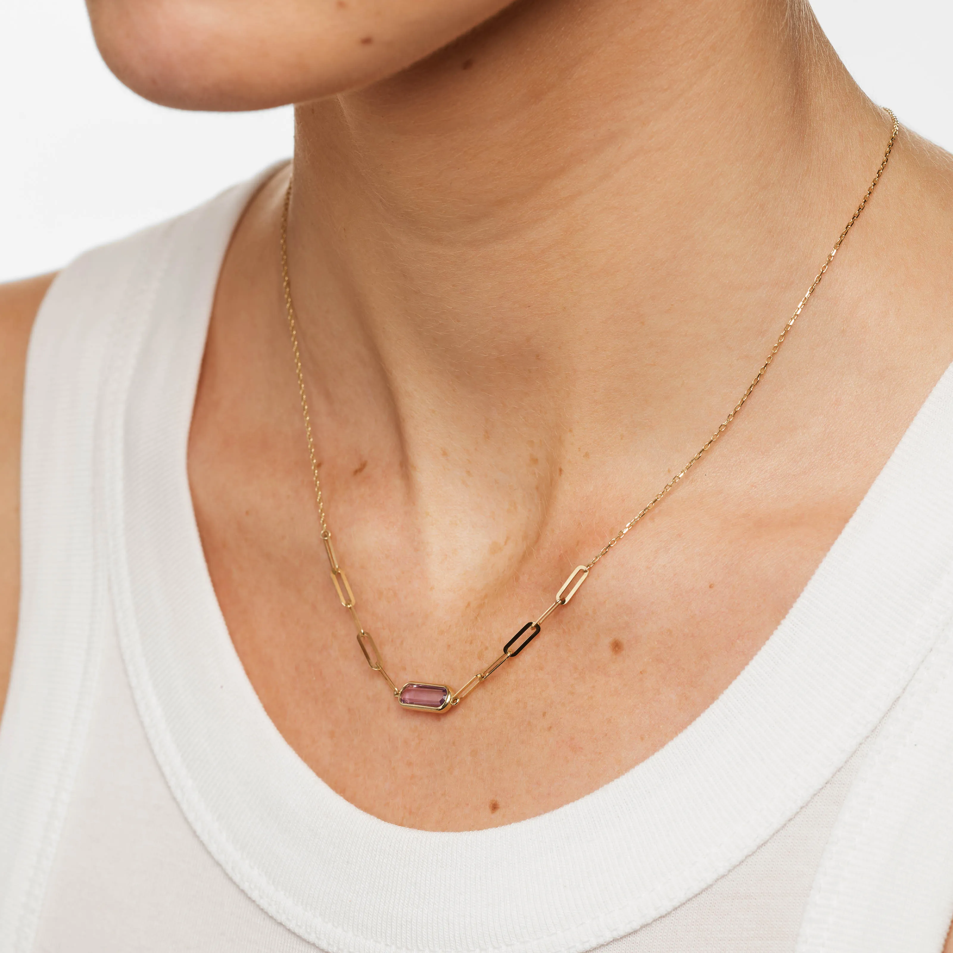 Amethyst Oval Paperclip Chain Necklace in 10k Gold