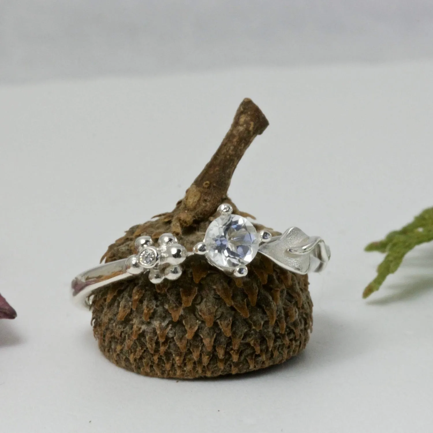 Ariel Silver Leaf Ring, Gemstone and Diamond Leaf Ring, Nature Inspired Ring