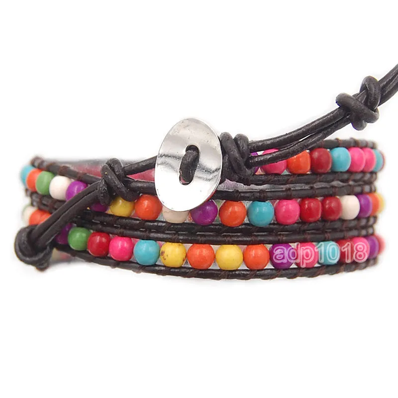 Colorful Hand Made Mixed Crystal and Gemstones Beads 3 Wrap Leather Bracelet