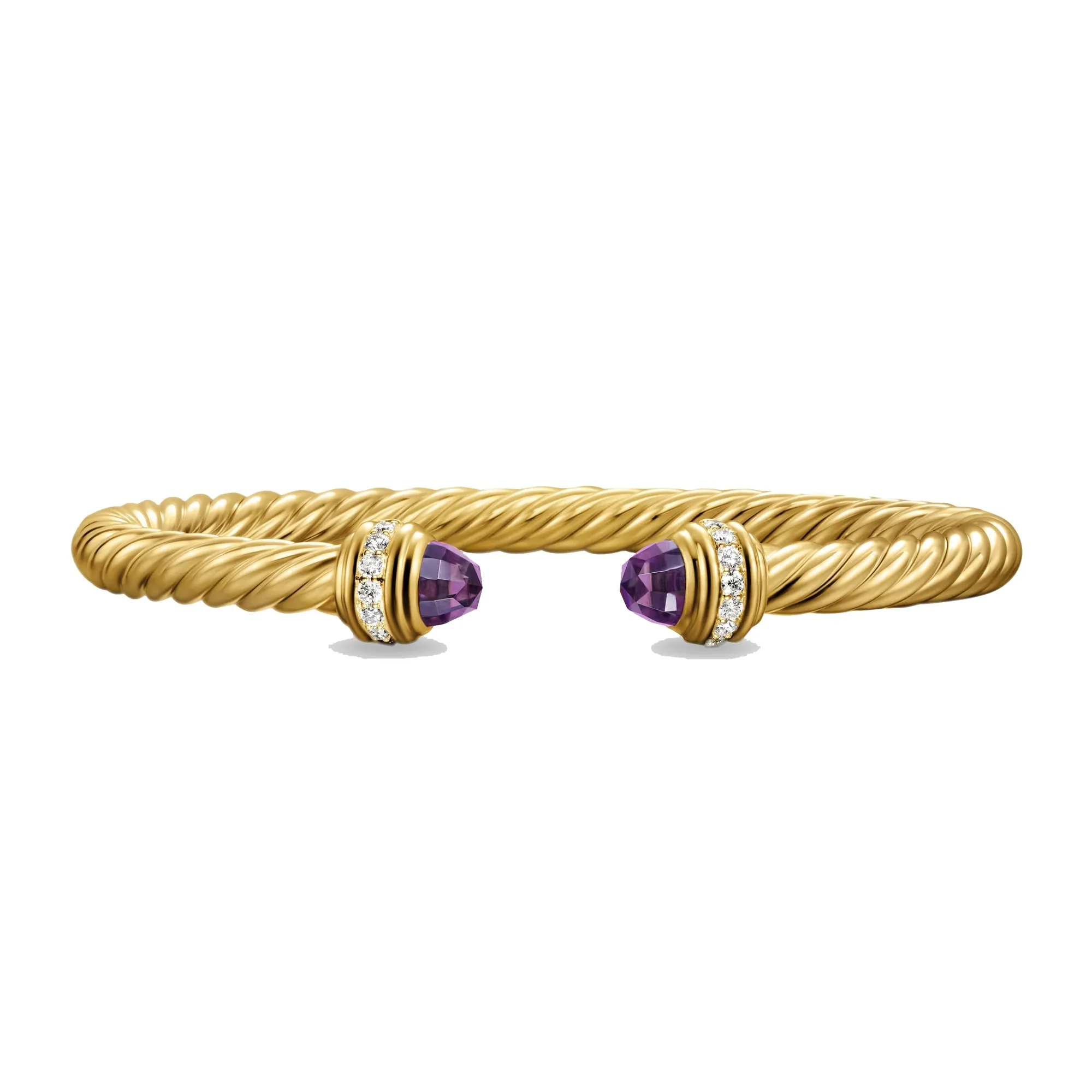 David Yurman Classic Cablespira 18K Yellow Gold with Amethyst and Diamonds 5mm Cuff Bracelet - Medium