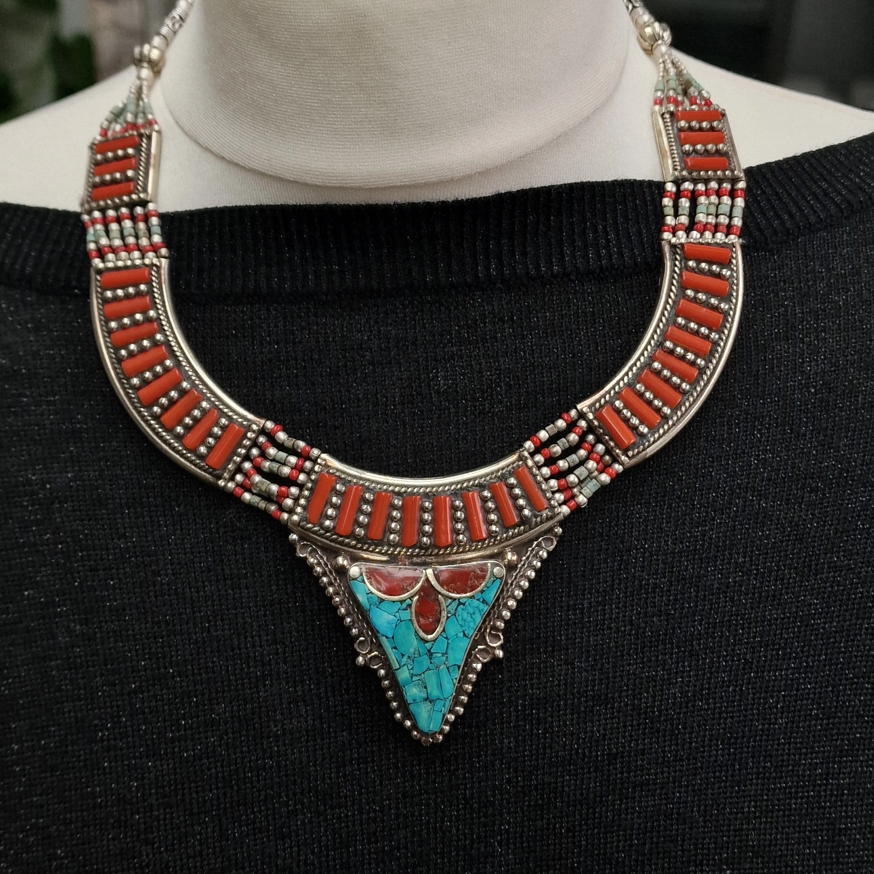 Detailed Coral and Turquoise Cabochon Himalayan Silver Necklace
