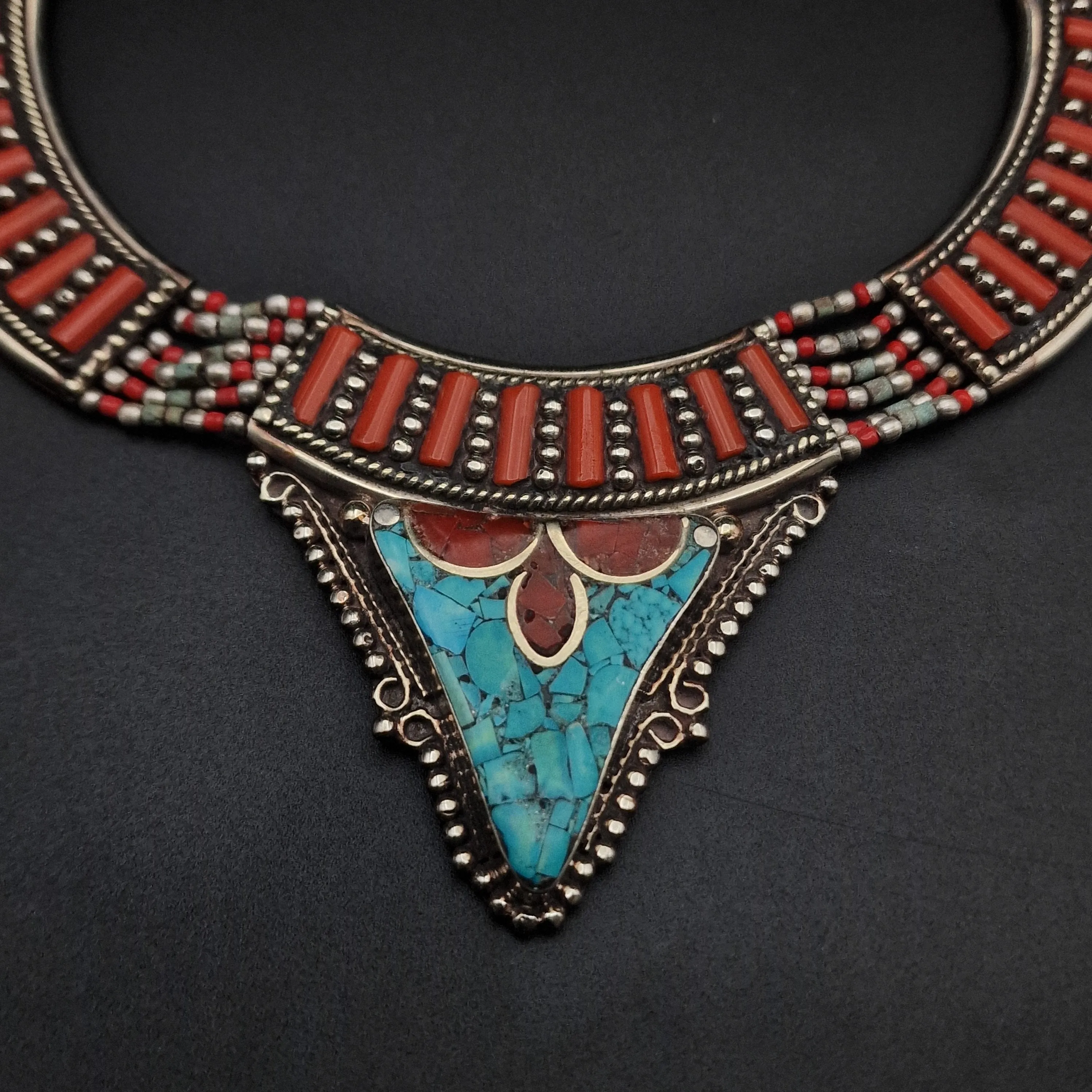 Detailed Coral and Turquoise Cabochon Himalayan Silver Necklace