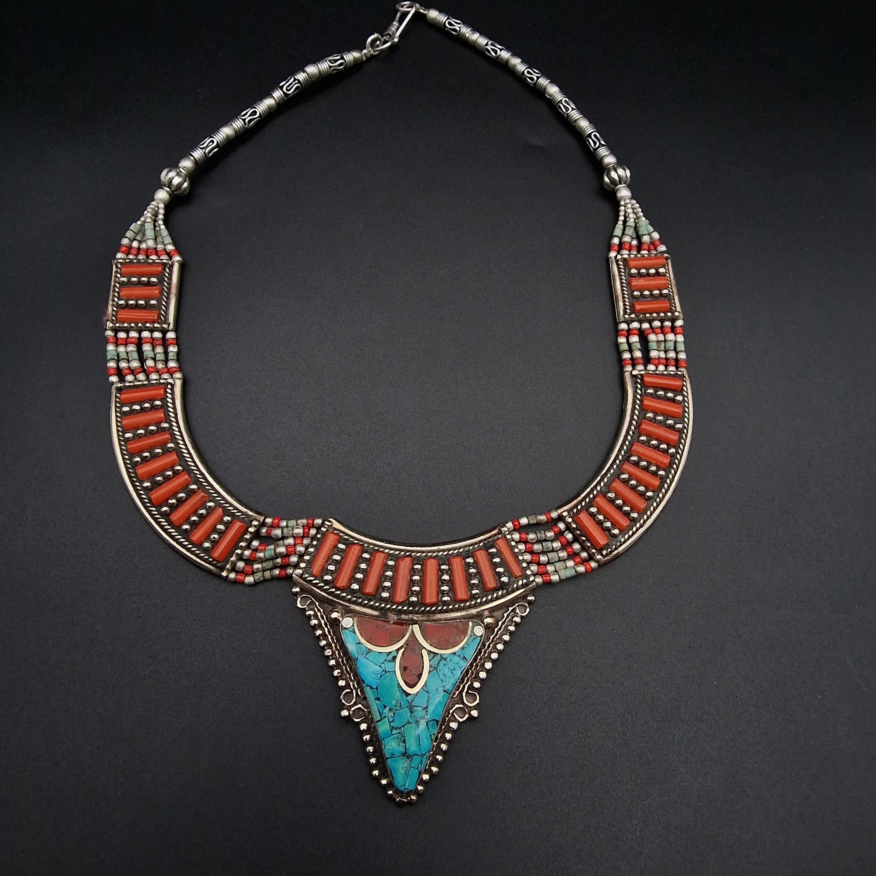 Detailed Coral and Turquoise Cabochon Himalayan Silver Necklace