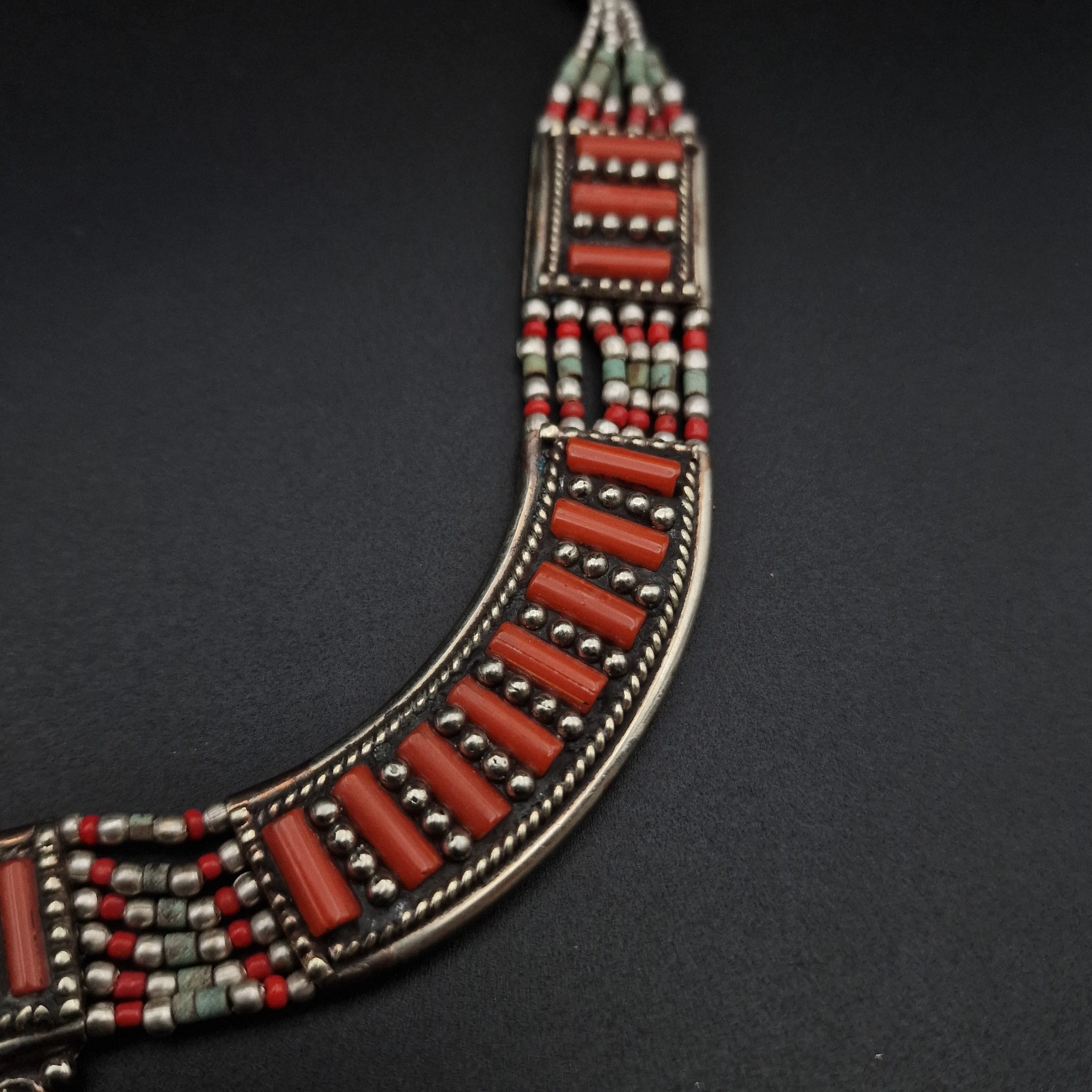 Detailed Coral and Turquoise Cabochon Himalayan Silver Necklace