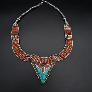 Detailed Coral and Turquoise Cabochon Himalayan Silver Necklace