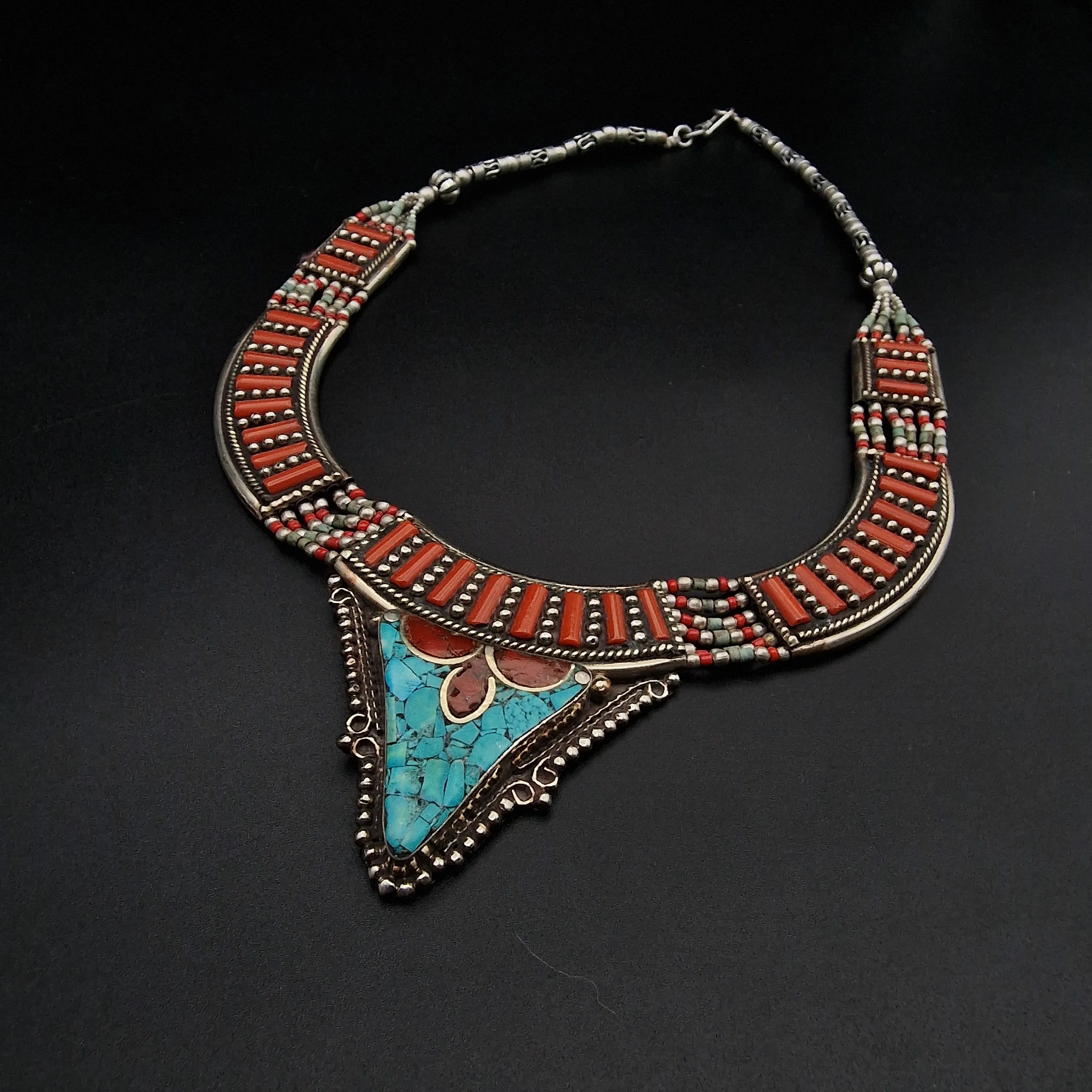 Detailed Coral and Turquoise Cabochon Himalayan Silver Necklace