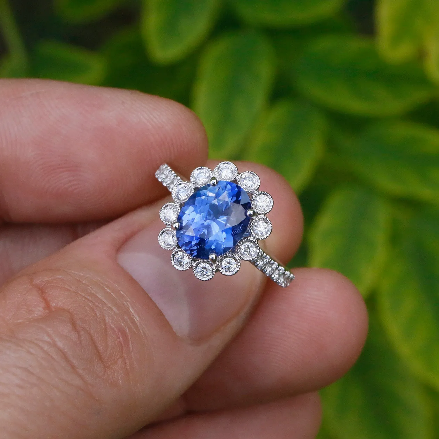 GIA Certified Blue No Heat Sapphire Halo Ring with Diamonds 18K