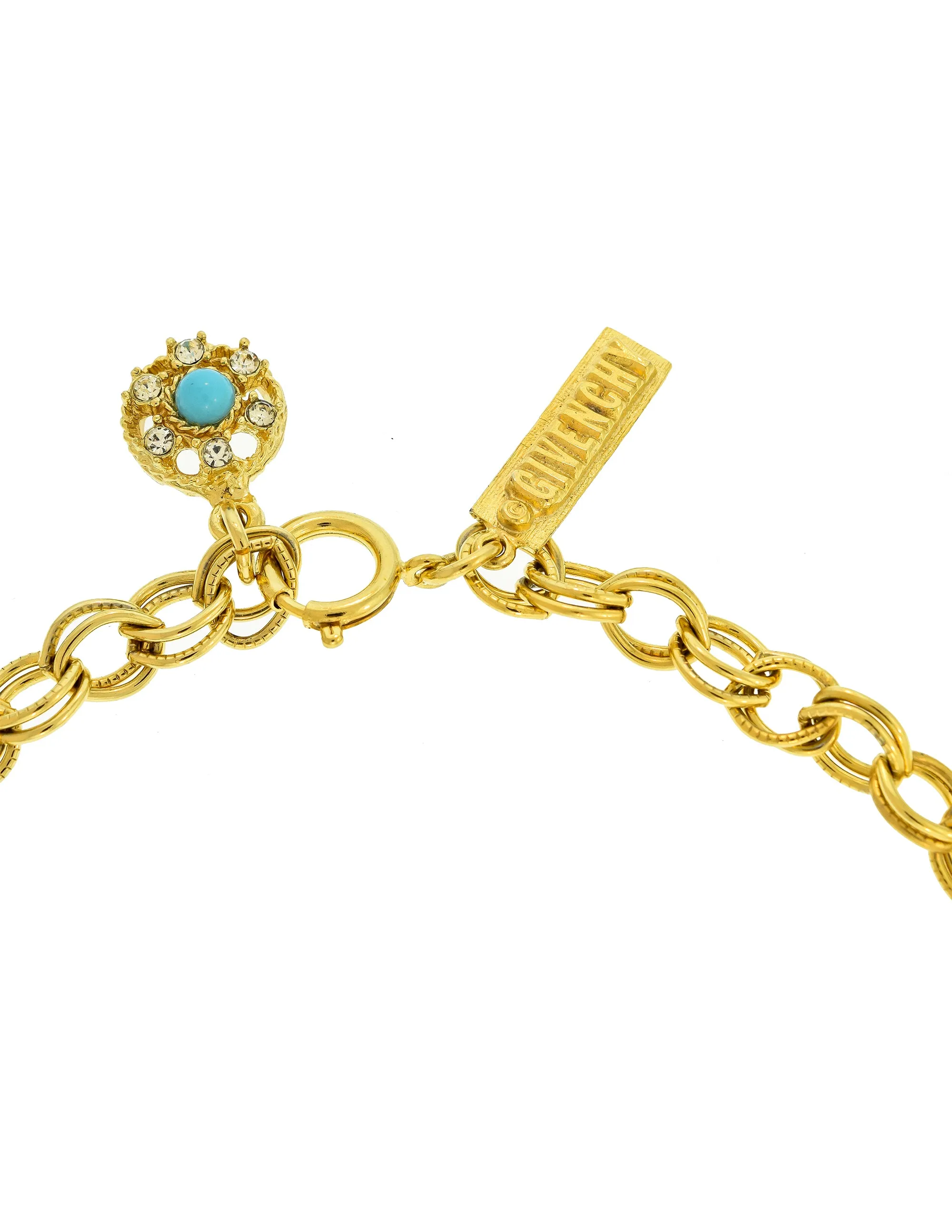 Givenchy Vintage 1960s Gold Rhinestone and Turquoise Cabochon Necklace