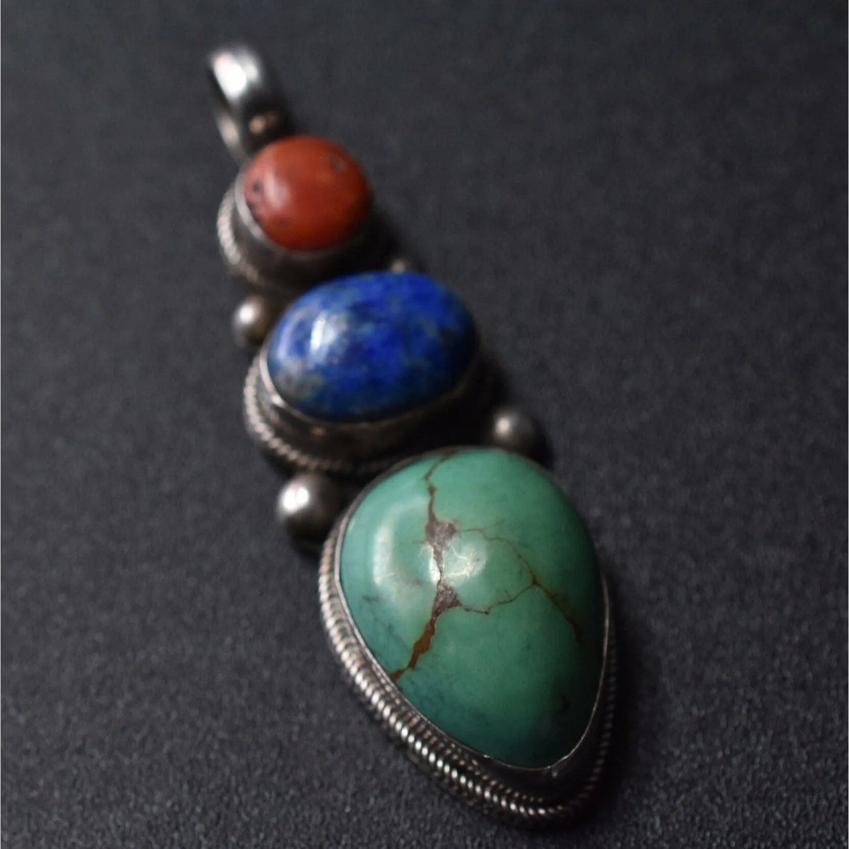 Handcrafted Jewelry Turquoise Coral and Lapis Cabochon Pendant