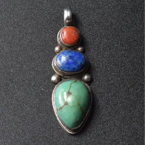 Handcrafted Jewelry Turquoise Coral and Lapis Cabochon Pendant