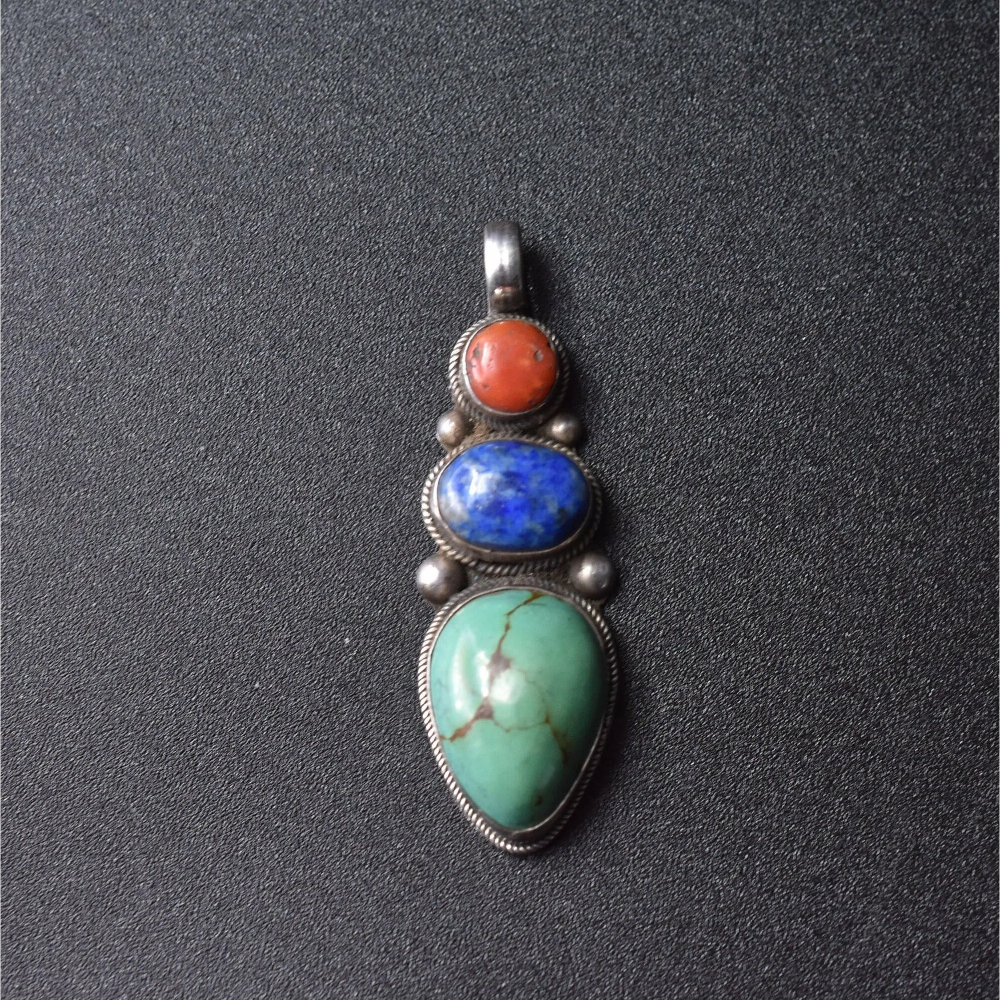 Handcrafted Jewelry Turquoise Coral and Lapis Cabochon Pendant