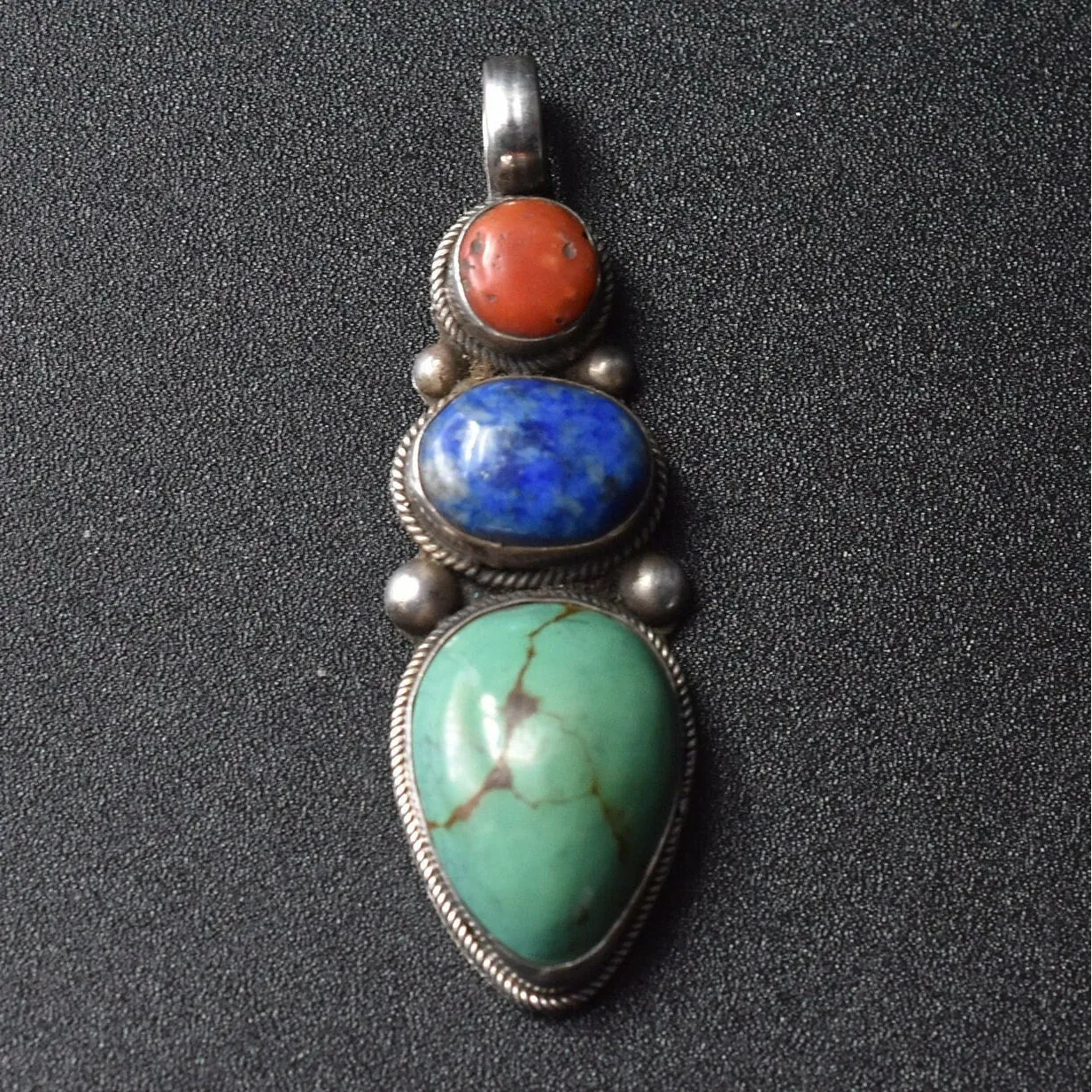 Handcrafted Jewelry Turquoise Coral and Lapis Cabochon Pendant