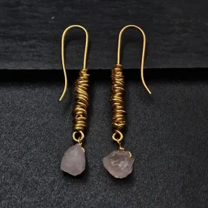 Handmade Raw Rose Quartz Crystal Brass Wire Wrapped Hook Earrings