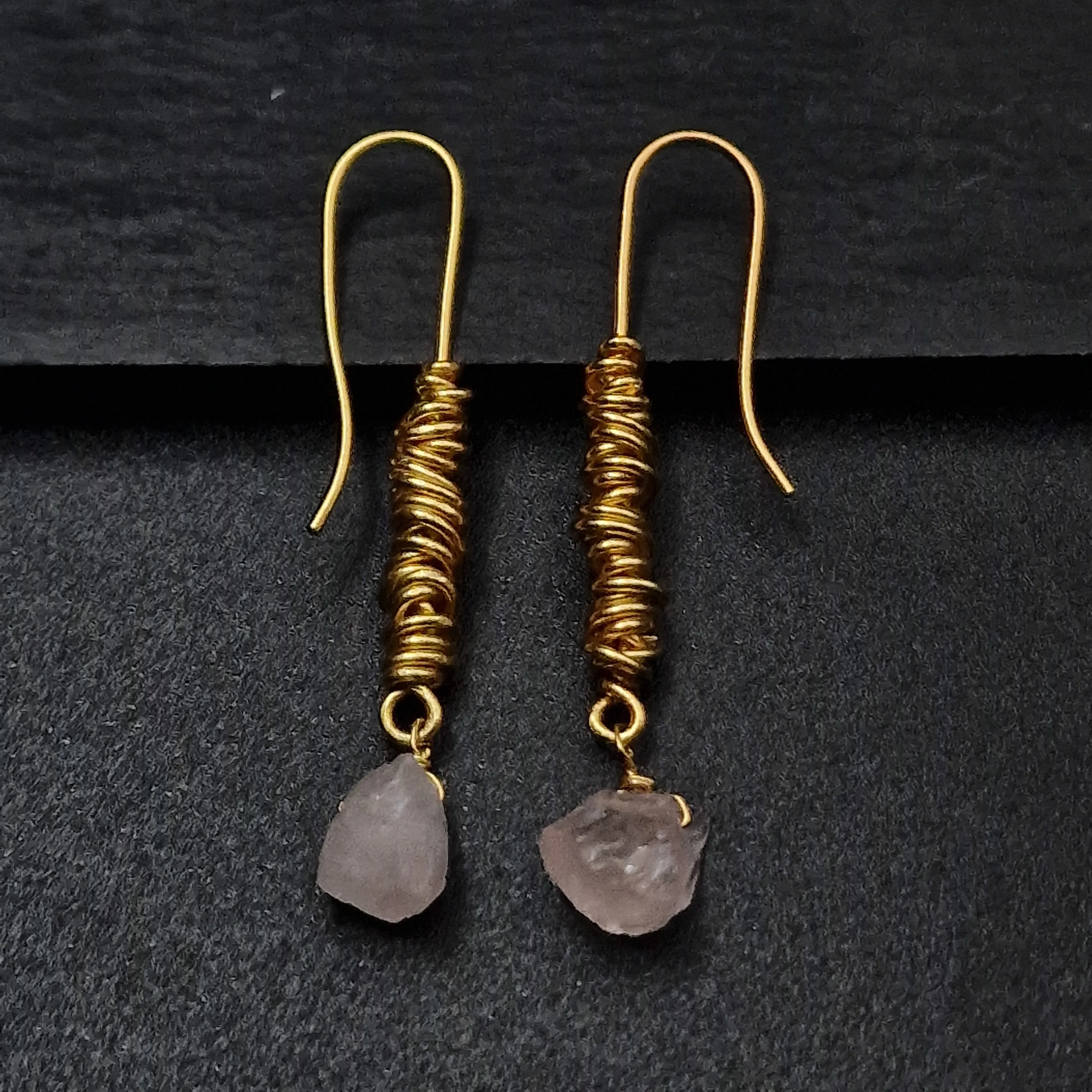 Handmade Raw Rose Quartz Crystal Brass Wire Wrapped Hook Earrings