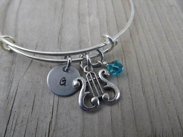 Harp Charm Bracelet- Adjustable Bangle Bracelet with an Initial Charm and an Accent Bead of your choice