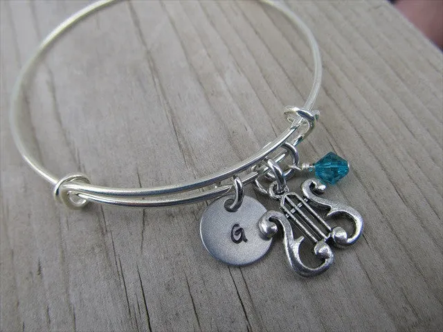 Harp Charm Bracelet- Adjustable Bangle Bracelet with an Initial Charm and an Accent Bead of your choice