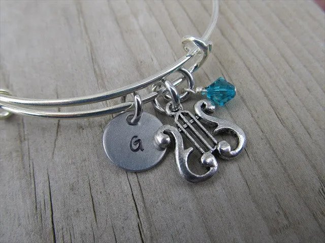 Harp Charm Bracelet- Adjustable Bangle Bracelet with an Initial Charm and an Accent Bead of your choice