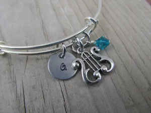Harp Charm Bracelet- Adjustable Bangle Bracelet with an Initial Charm and an Accent Bead of your choice