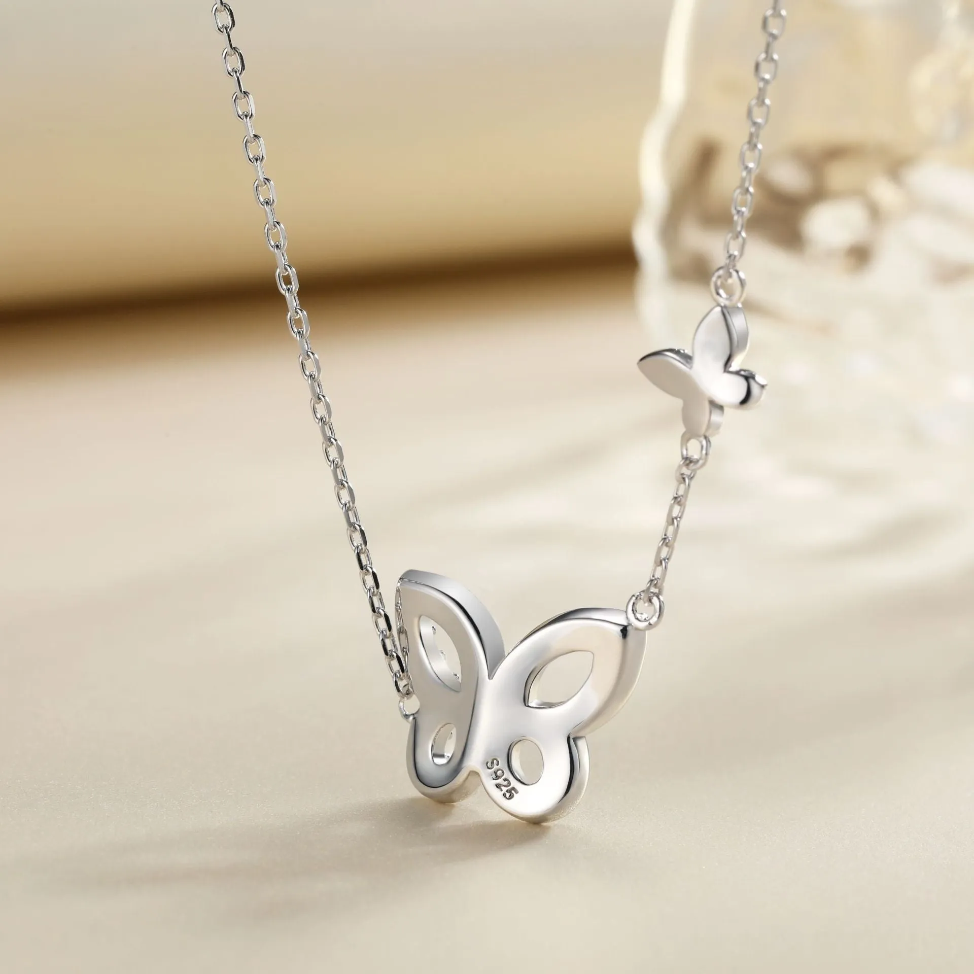Hollow Zircon Butterfly Pendant Sterling Silver Necklace