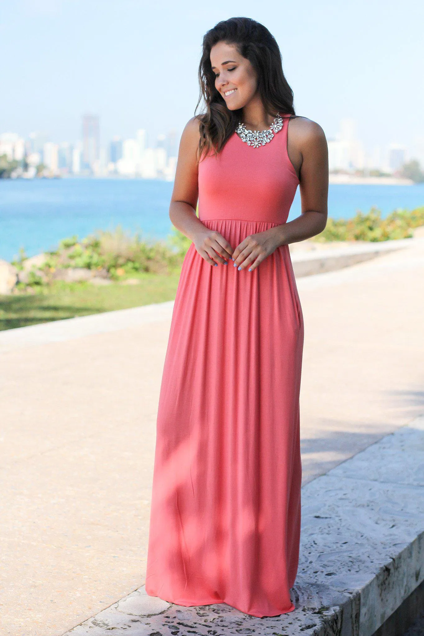 Light Coral Maxi Dress with Pockets