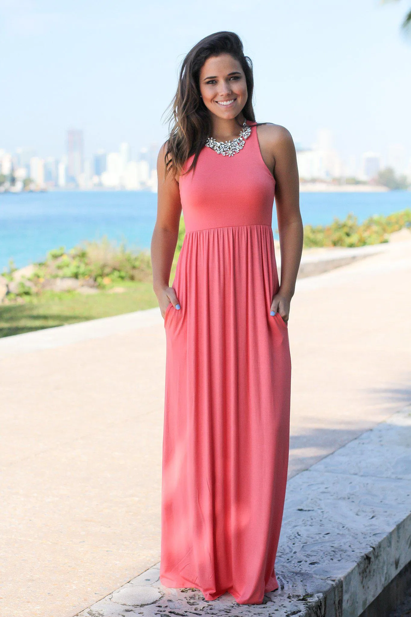 Light Coral Maxi Dress with Pockets