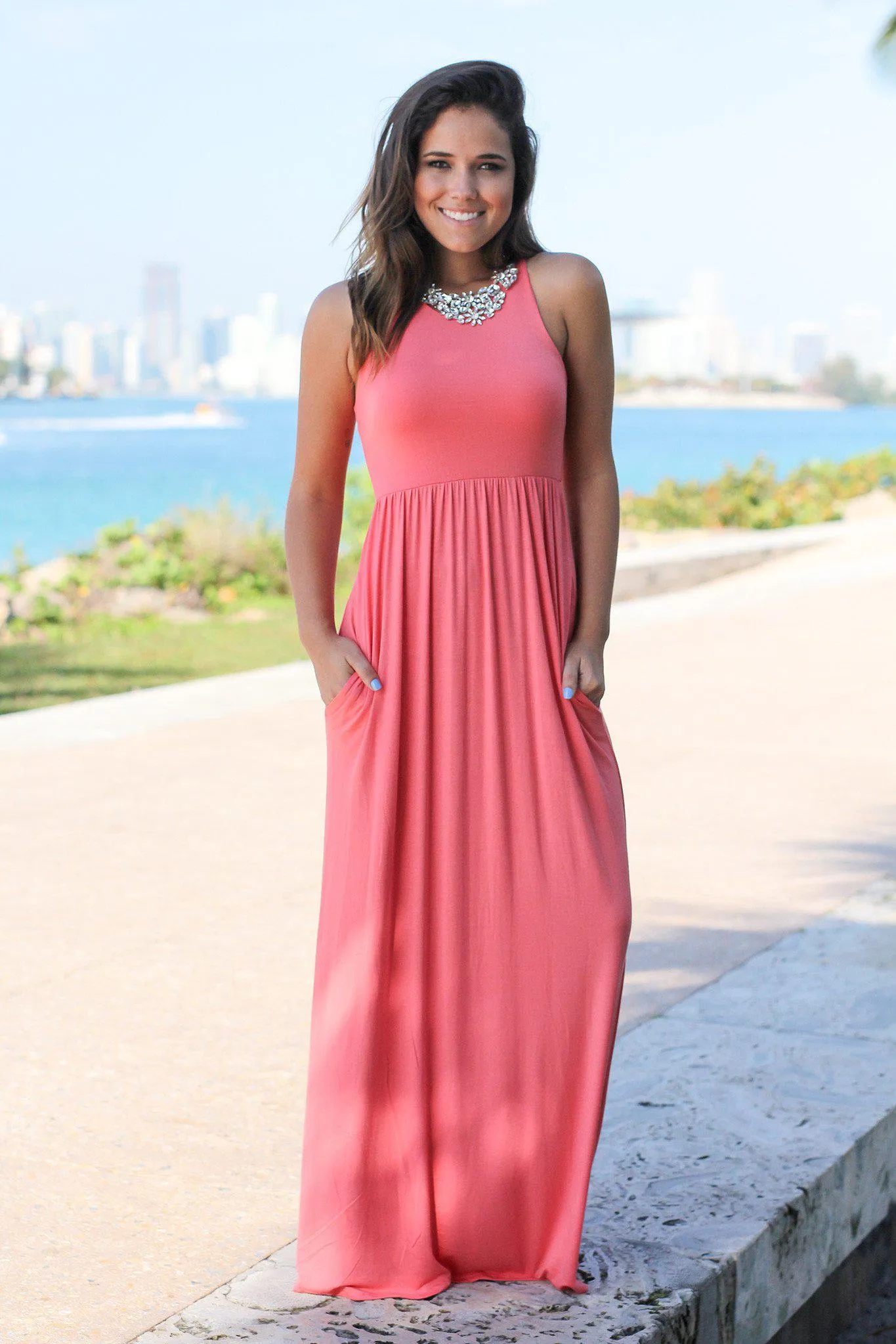 Light Coral Maxi Dress with Pockets