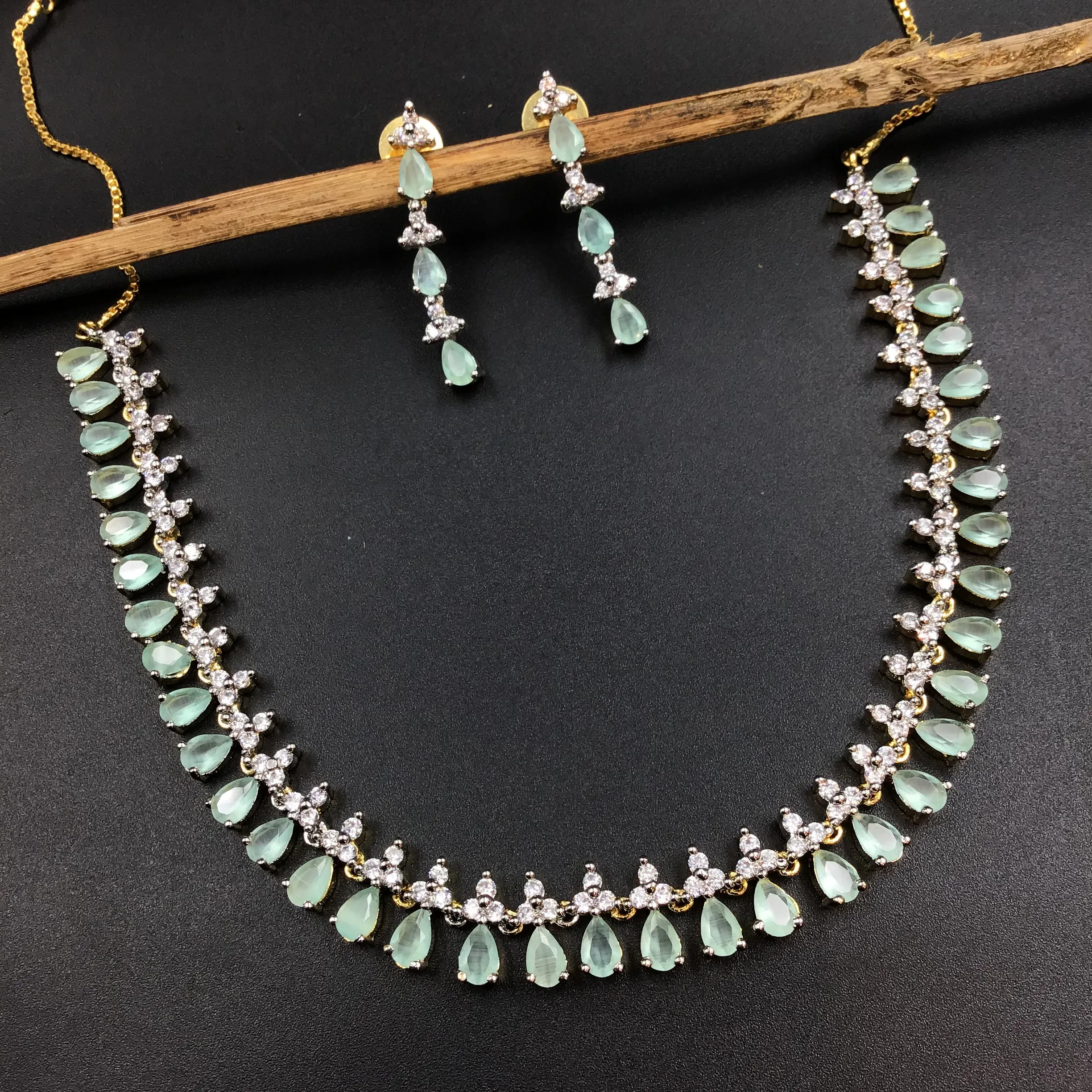 Mint Green Zircon/AD Necklace Set 18934-6116
