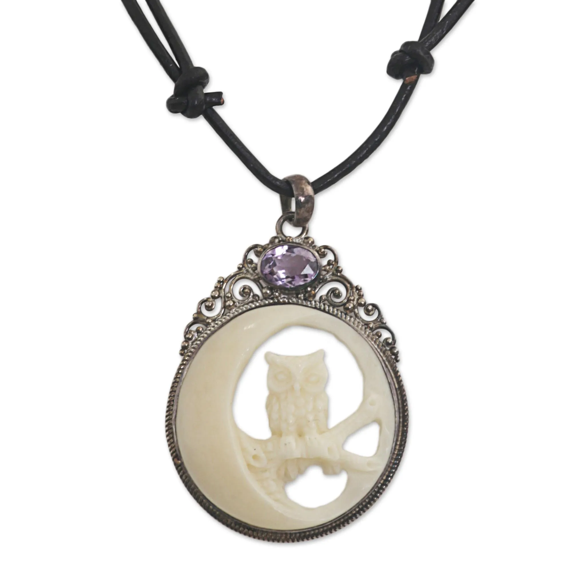 Nighttime Owl Amethyst Silver Bone Leather Pendant Necklace