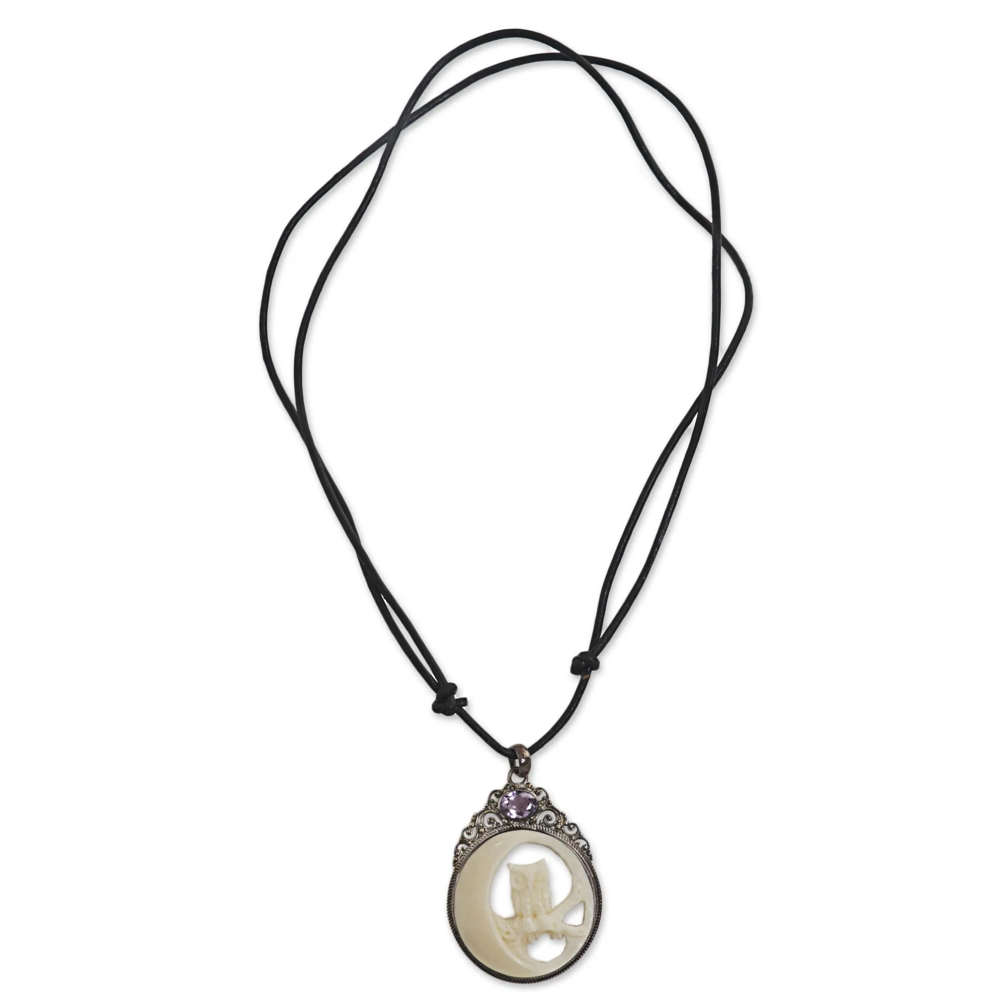 Nighttime Owl Amethyst Silver Bone Leather Pendant Necklace