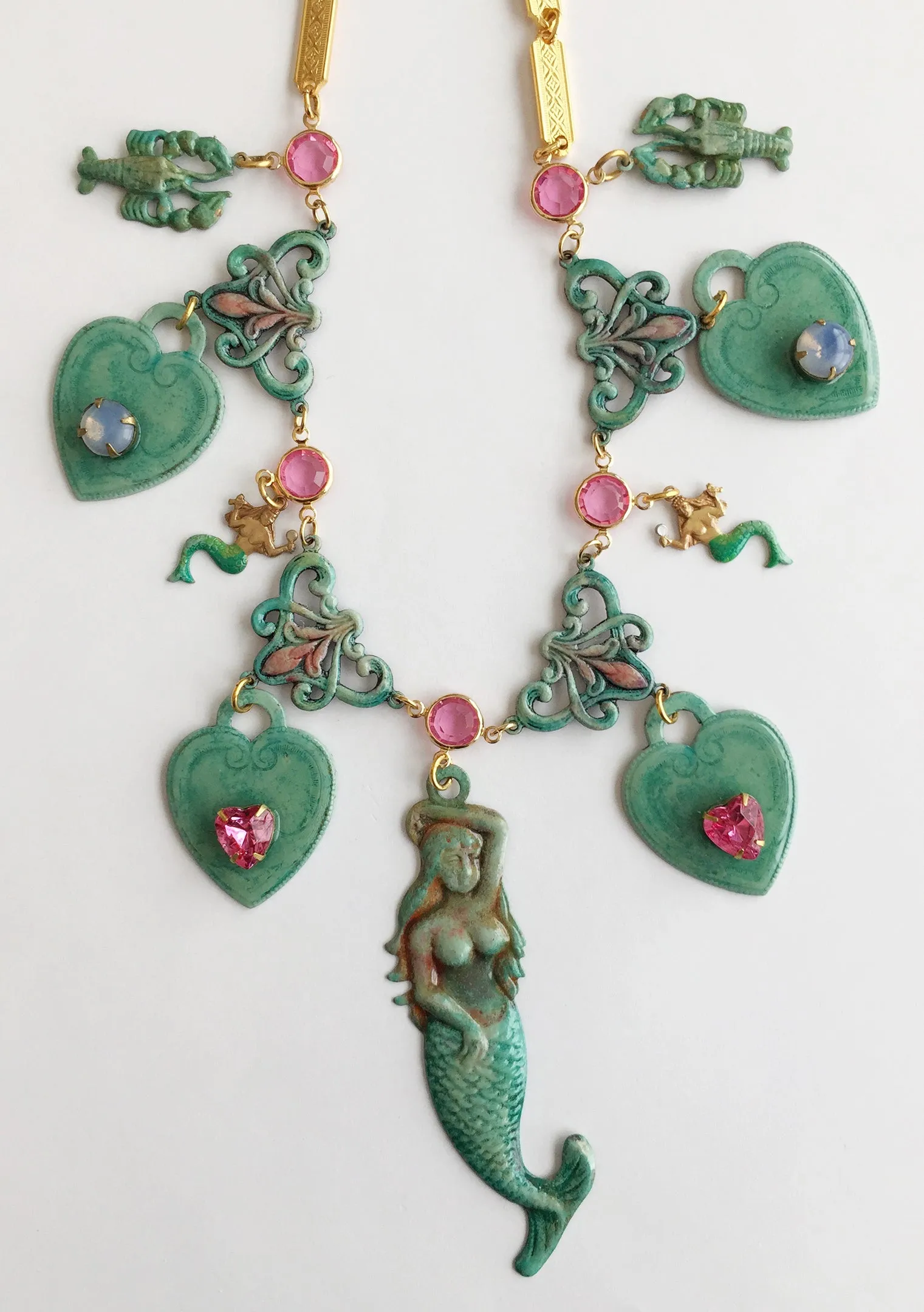 Ornate Enamel & Rhinestone Mermaid Runway Necklace