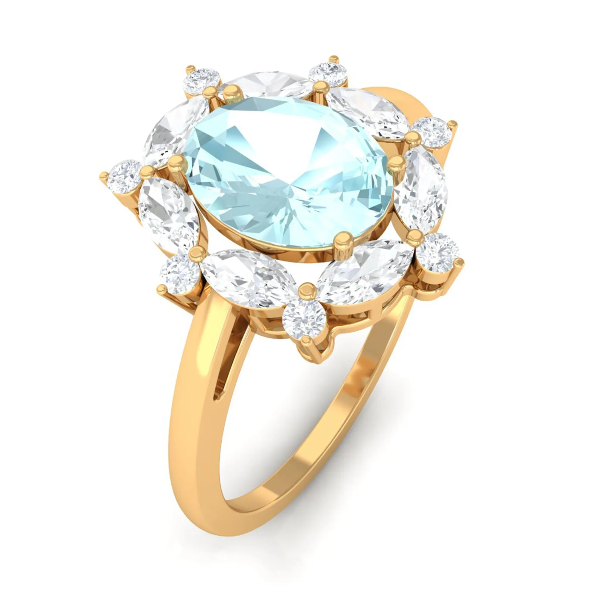 Oval Sky Blue Topaz Designer Halo Engagement Ring with Moissanite