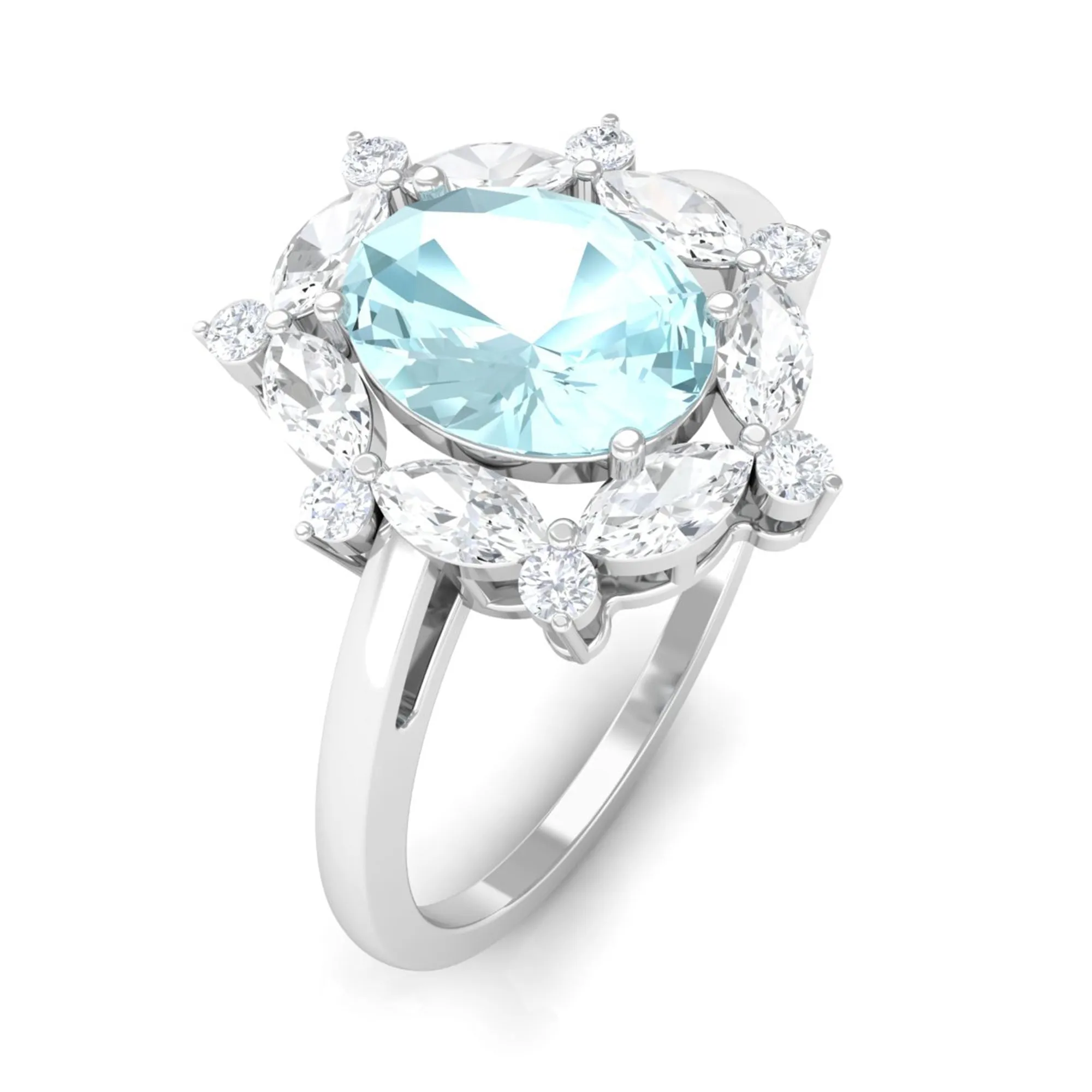 Oval Sky Blue Topaz Designer Halo Engagement Ring with Moissanite