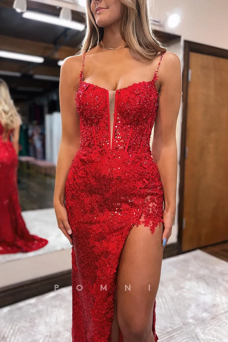 P1058 - Spaghetti Straps Low V-Neck Appliques High Slit Prom Party Formal Dress