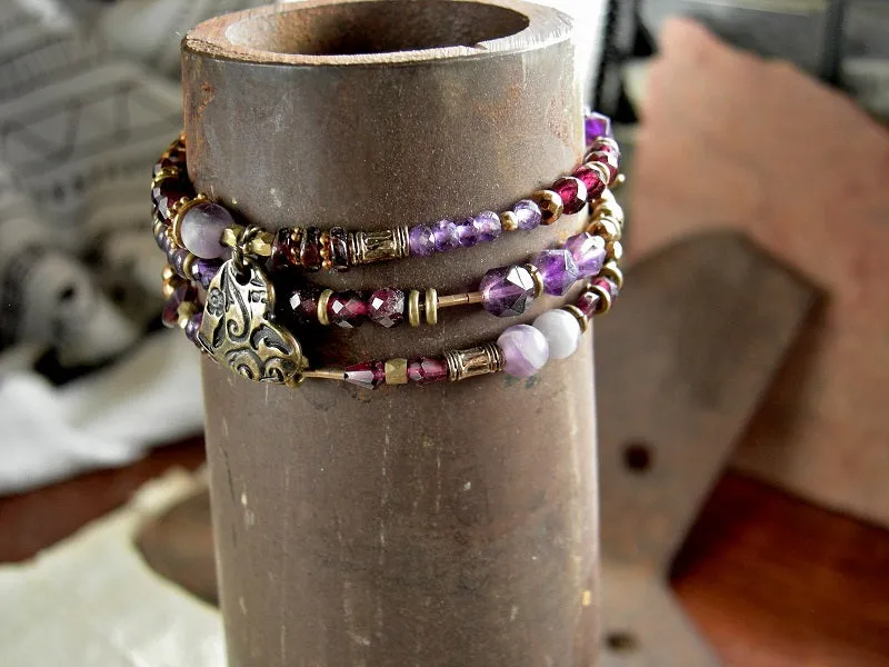 Purple Crush Wrap Bracelet/Necklace, Amethyst, Garnet, Bronze