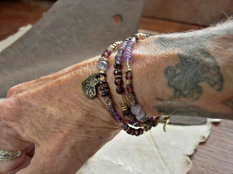 Purple Crush Wrap Bracelet/Necklace, Amethyst, Garnet, Bronze