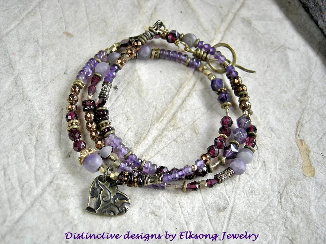 Purple Crush Wrap Bracelet/Necklace, Amethyst, Garnet, Bronze
