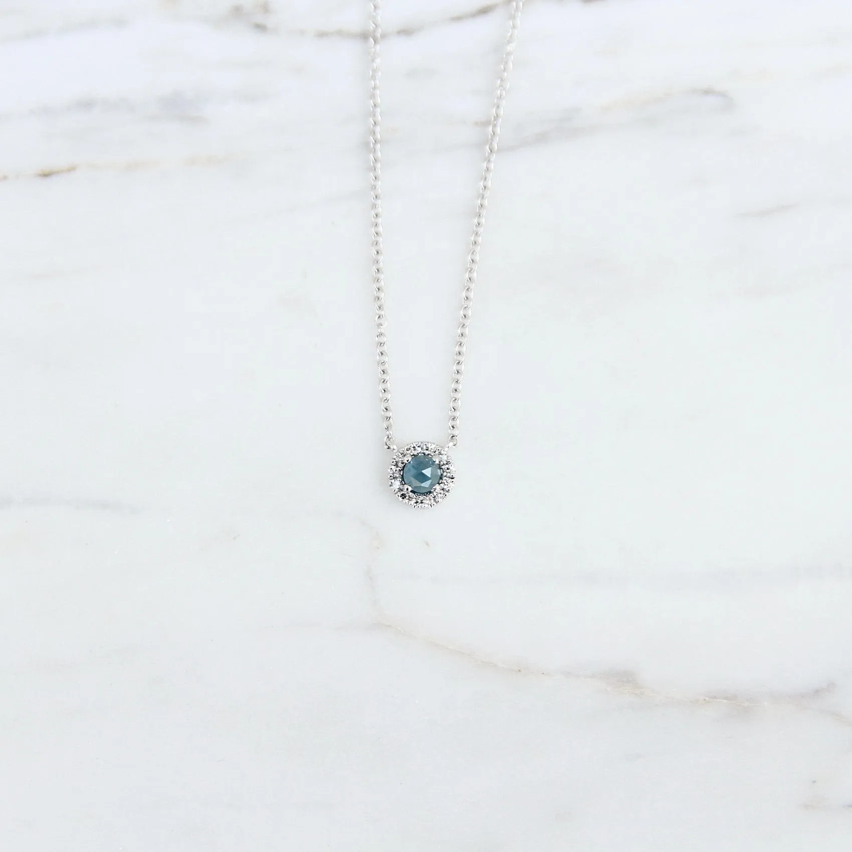 Rose Cut London Blue Topaz with Diamond Halo Necklace