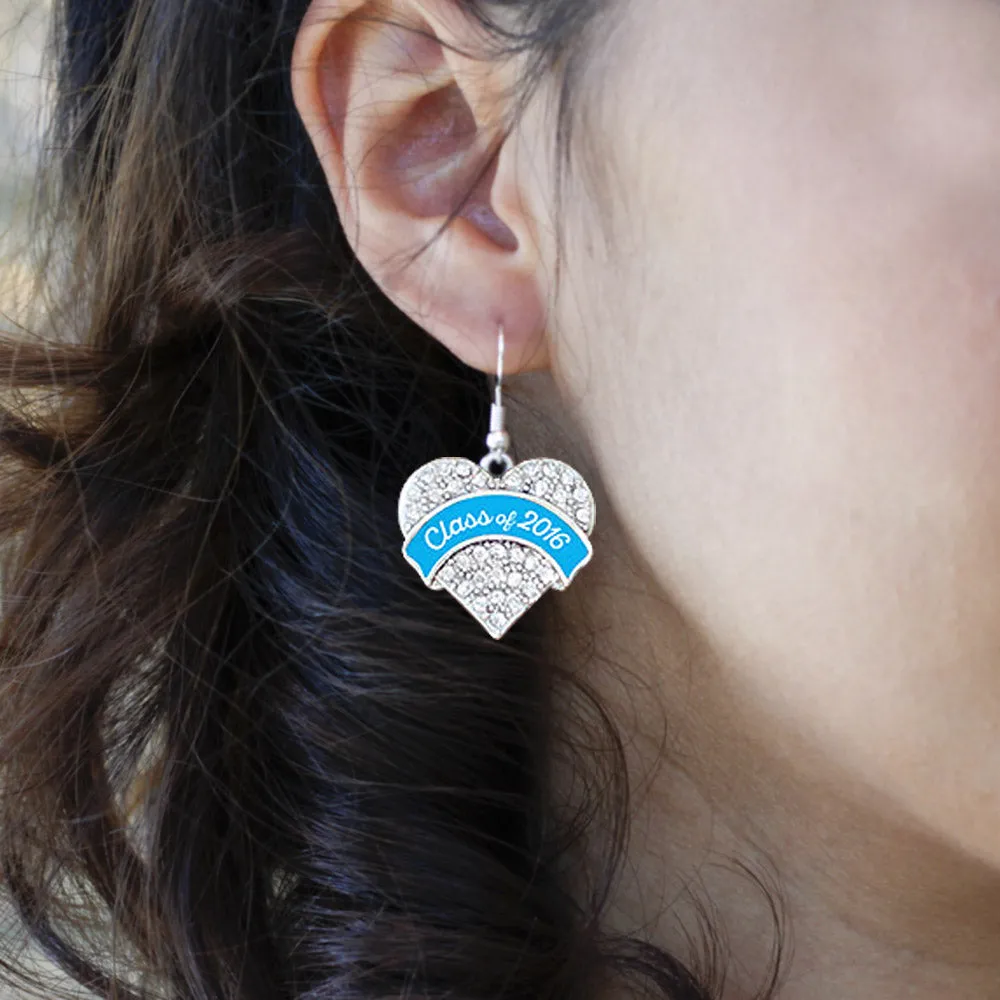 Silver Blue Class of 2016 Pave Heart Charm Dangle Earrings