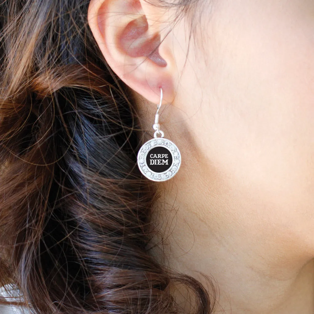 Silver Carpe Diem Circle Charm Dangle Earrings
