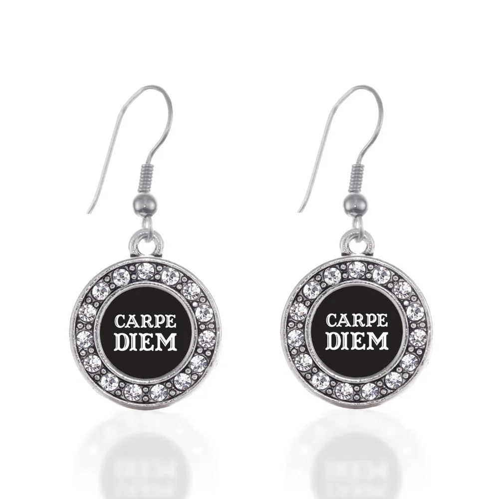 Silver Carpe Diem Circle Charm Dangle Earrings