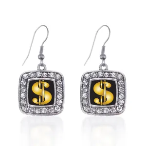 Silver Dollar Sign Square Charm Dangle Earrings
