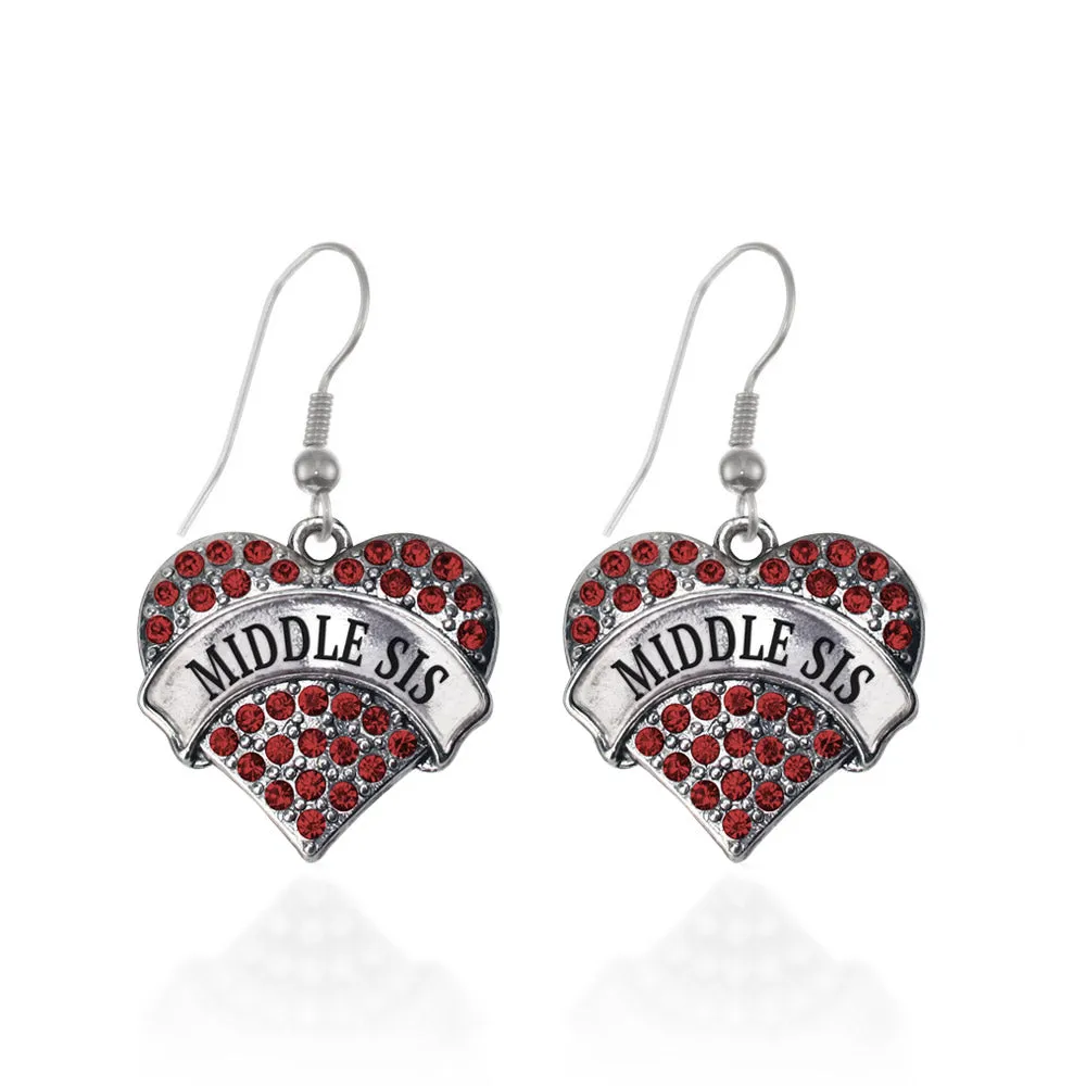 Silver Middle Sis Red Red Pave Heart Charm Dangle Earrings