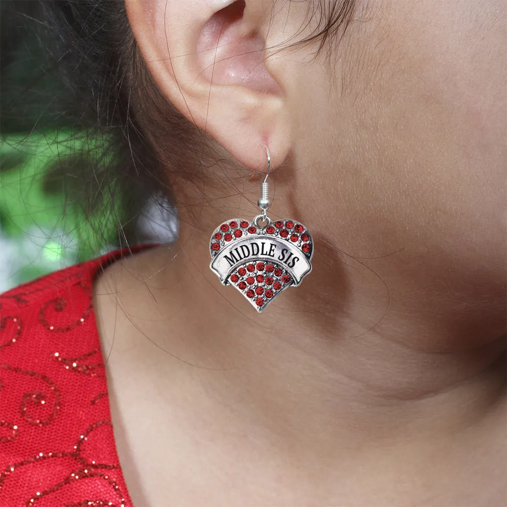 Silver Middle Sis Red Red Pave Heart Charm Dangle Earrings
